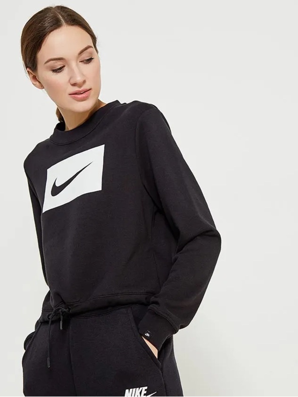 Nike Cropped Crew Crop Sweatshirt Black with White Swoosh - Size XS